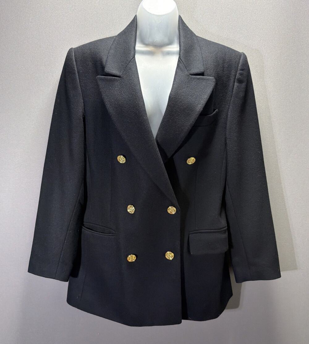 Larry Levine Black Double Breasted Blazer Wool Blend Jacket Sz 10 Vintage Crest